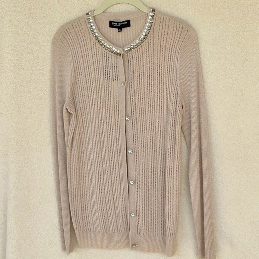 Jones New York Beige Cardigan with Rhinestone Details Size Medium NWT